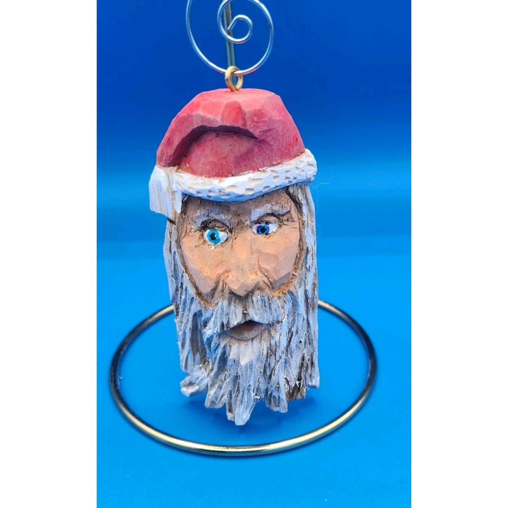 Hand Carved Wooden‎ Santa Head Christmas Ornament Folk Art Christmas